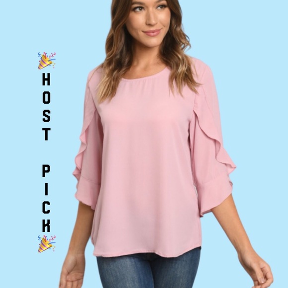Tops - ❌DONATED❌Dusty Pink Ruffle Overlay Detail Sleeve Blouse Top